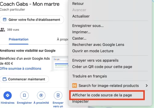 afficher le code source de la page google maps